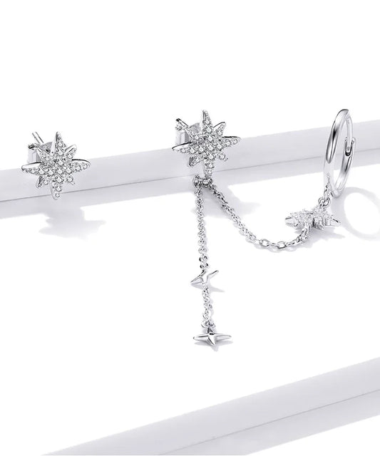 Silver Asymmetric Star Drop Earrings Clear CZ Stud Earring for Women