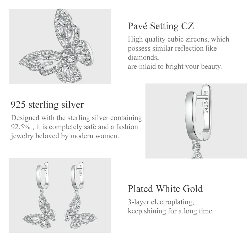 Silver CZ Butterfly Hoop Earrings