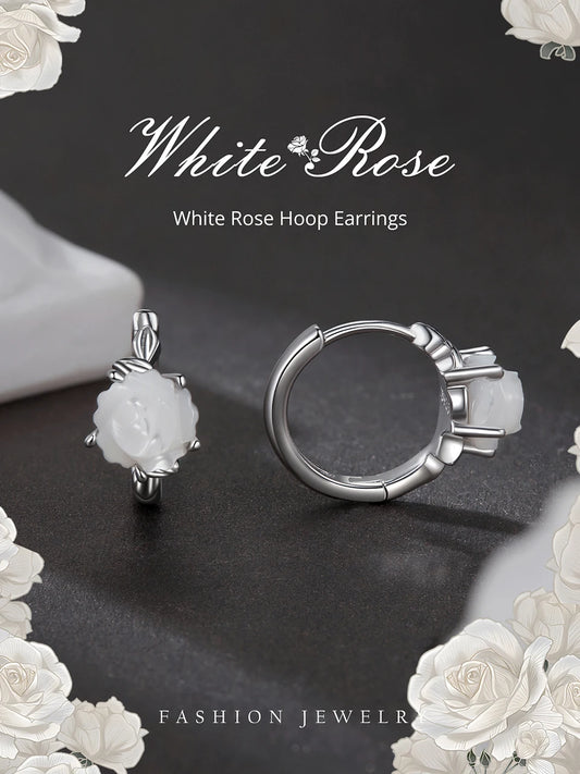 Silver Inlaid White Rose Hoop Earrings for Women