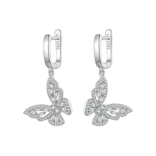 Silver CZ Butterfly Hoop Earrings